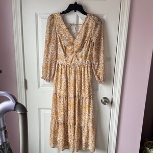 Sincerely Jules Yellow Floral Tiered V-Neck Midi Dress